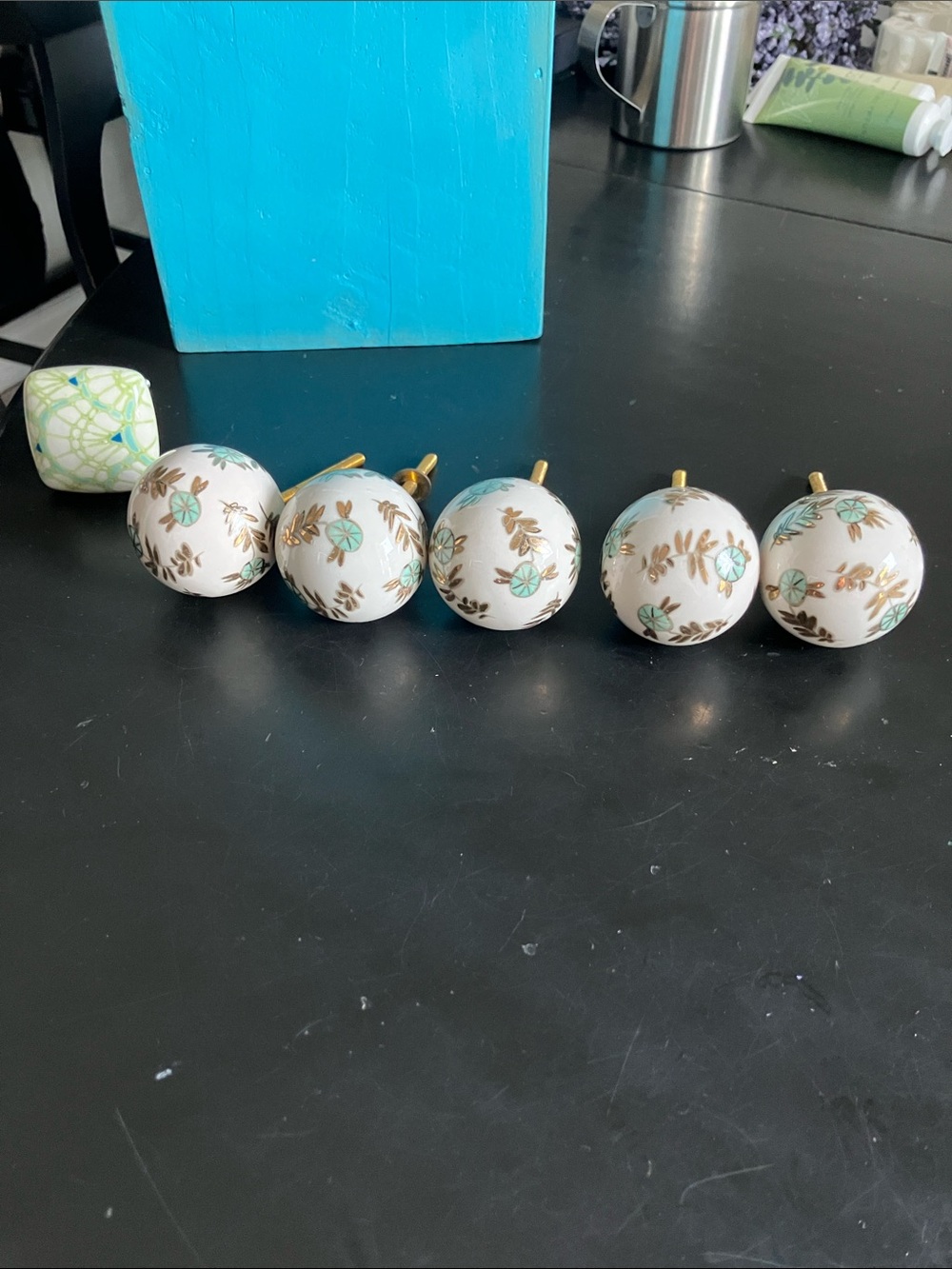 Decorative White Ceramic Drawer Knobs with Mint Floral Accent - Set of 6